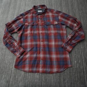 Columbia Shirt Men Button Up Plaid Casual Red Blue White Long Sleeve Nylon Large